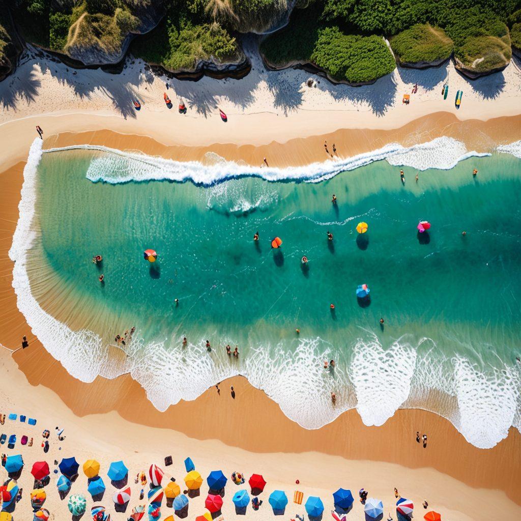 A stylish beach scene featuring diverse individuals wearing trendy swimwear in vibrant colors, enjoying sunny weather. Include beach umbrellas, surfboards, and a backdrop of clear blue water with playful waves. Capture the fun atmosphere with laughter and joy, and include surf and sand elements. super-realistic. vibrant colors. white background.