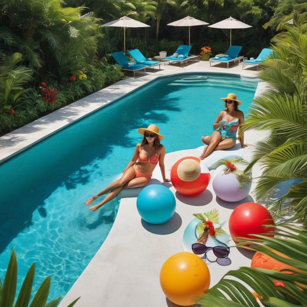 A vibrant poolside scene showcasing a diverse group of people enjoying summer in stylish swim attire, complete with brightly colored swimsuits, oversized sun hats, and fun accessories like beach balls and sunglasses. The background features lush greenery, sparkling water, and tropical vibes emphasizing relaxation and fun. Add an ice-cold drink on a table by the pool to enhance the summer feel. super-realistic. vibrant colors. summer theme.